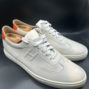 Hermes White and Orange Calf Leather Sneakers